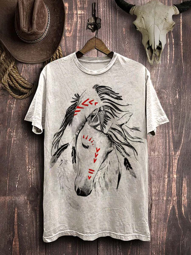 Western Horse Print Casual Cotton T-Shirt