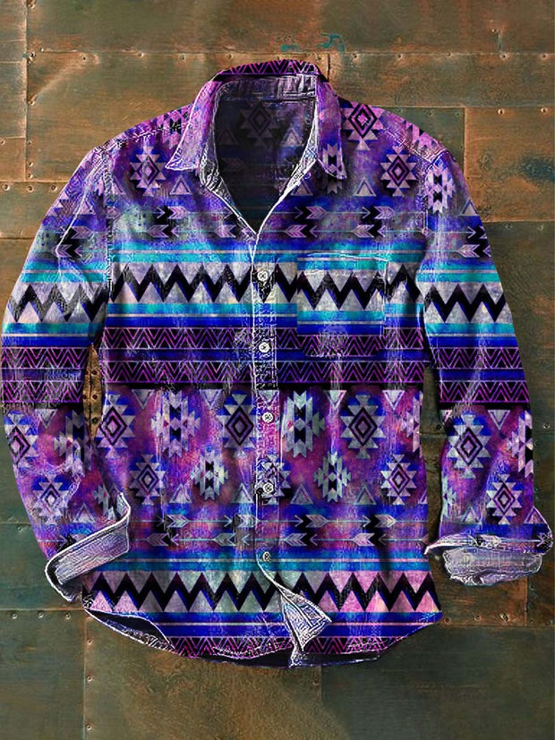 Men's Vintage Western Pattern Print Casual Lapel Long Sleeve Shirt