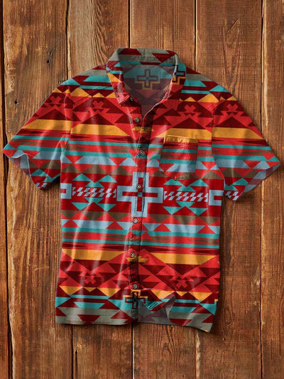 Men's Western Print Casual Lapel Short Sleeve Shirt