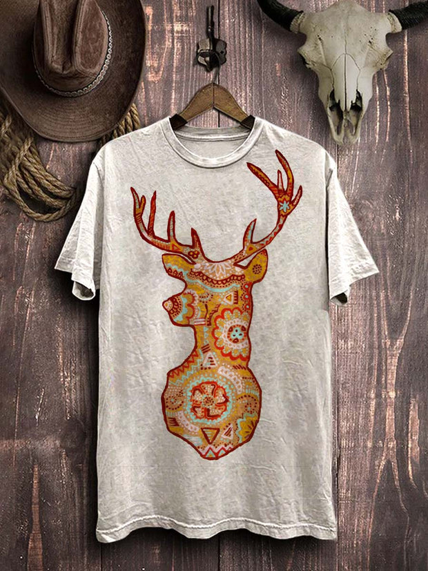 Vintage Ethnic Deer Print Casual Cotton T-Shirt