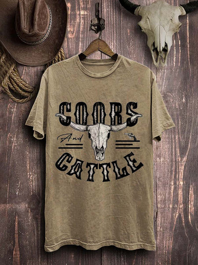 Western Beef Bone Print Casual Cotton T-Shirt