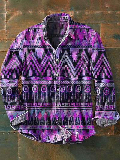 Men's Vintage Western Pattern Print Casual Lapel Long Sleeve Shirt