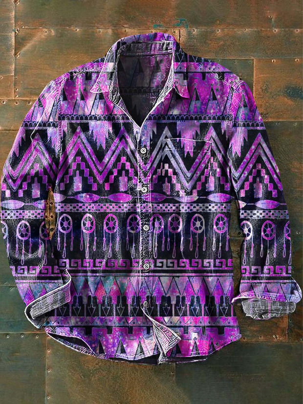 Men's Vintage Western Pattern Print Casual Lapel Long Sleeve Shirt