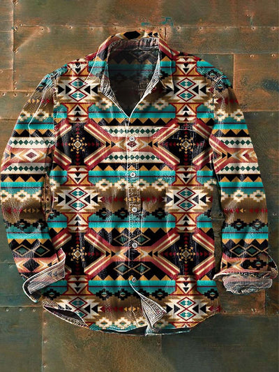 Men's Western Cowboy Print Casual Lapel Long Sleeve Shirt