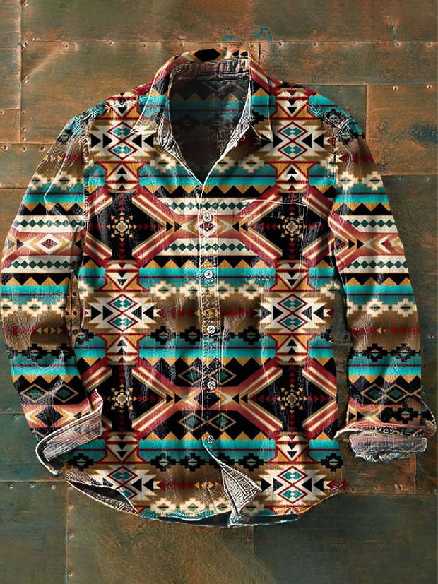 Men's Western Cowboy Print Casual Lapel Long Sleeve Shirt