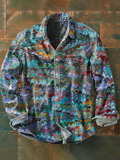 Men's Vintage Abstract Peacock Print Casual Lapel Long Sleeve Shirt