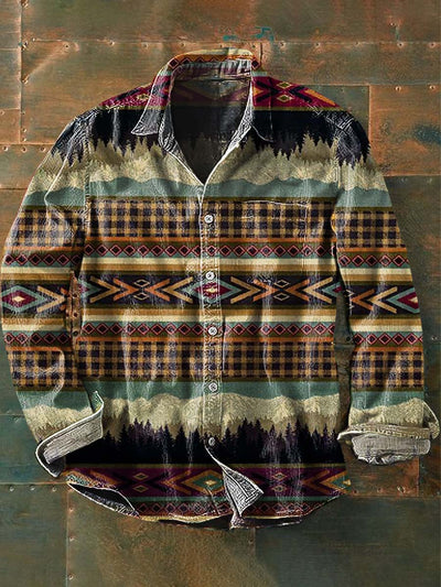Men's Western Cowboy Pattern Printed Casual Lapel Long Sleeve Shirt