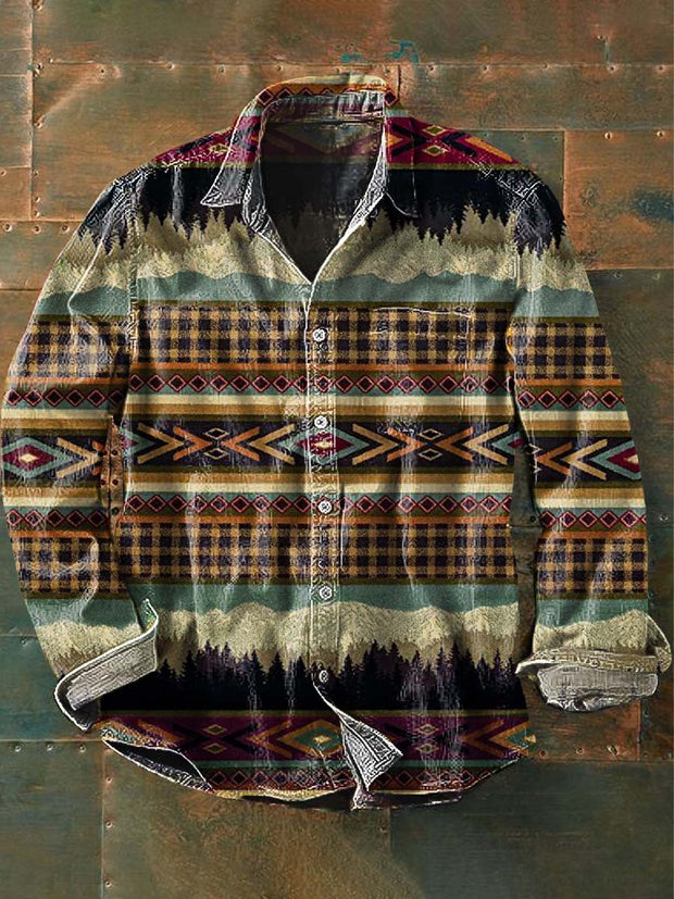 Men's Western Cowboy Pattern Printed Casual Lapel Long Sleeve Shirt