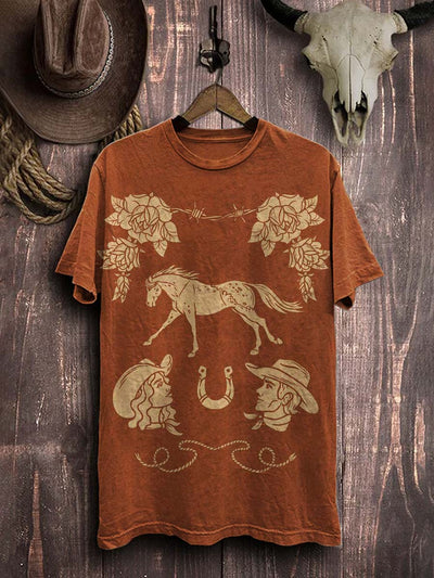 Vintage Western Cowboy Horse Print Casual Cotton T-Shirt