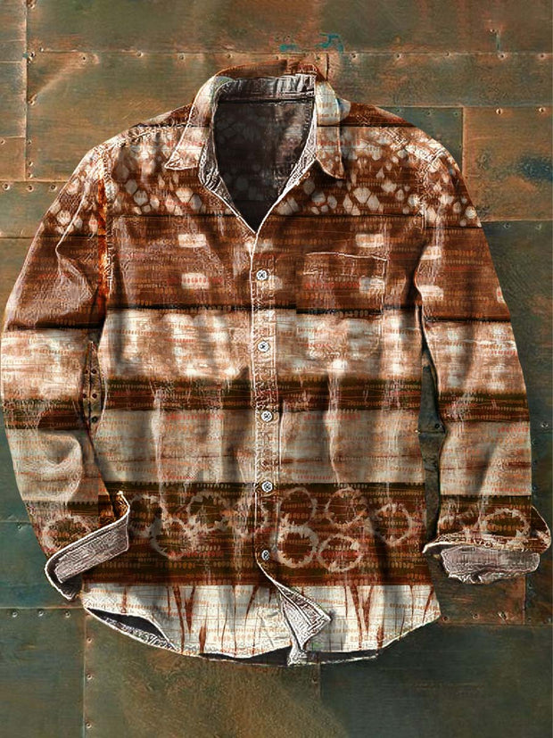 Men's Western Cowboy Pattern Printed Casual Lapel Long Sleeve Shirt