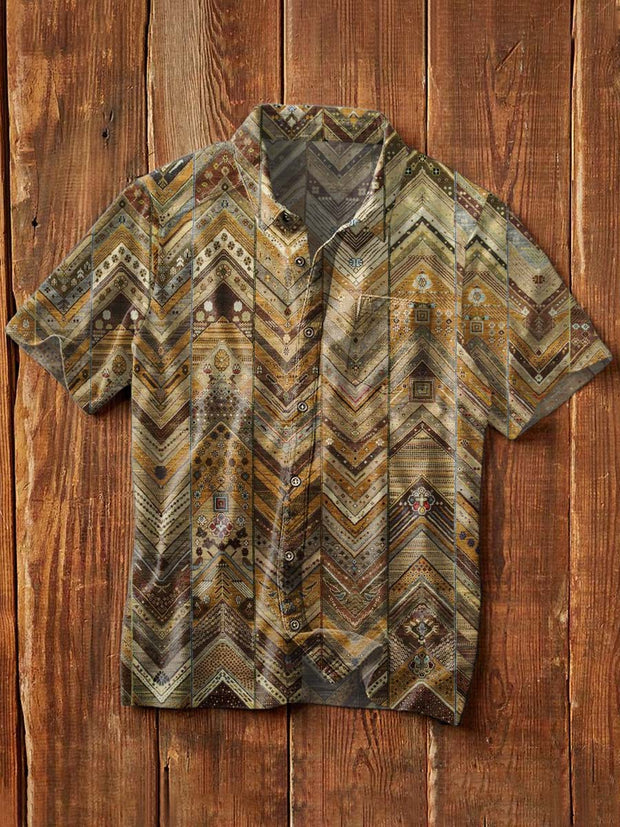 Men's Vintage Western Print Casual Lapel Short Sleeve Shirt