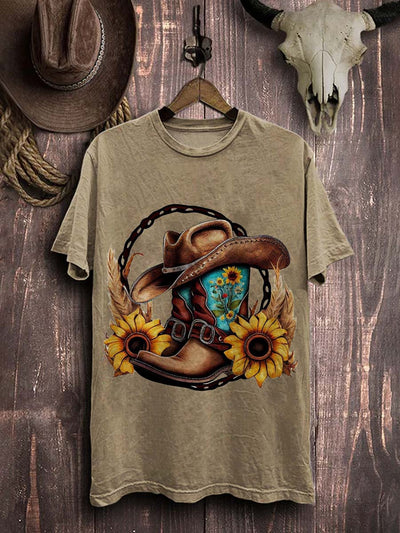 Western Cowboy Boots Print Casual Cotton T-shirt
