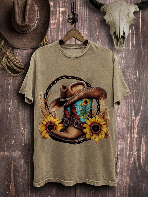 Western Cowboy Boots Print Casual Cotton T-shirt