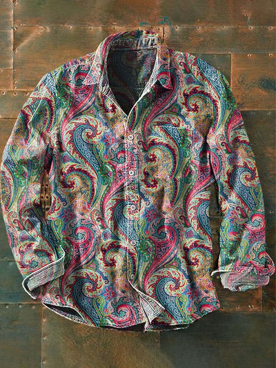 Men's Vintage Paisley Floral Print Casual Lapel Long Sleeve Shirt