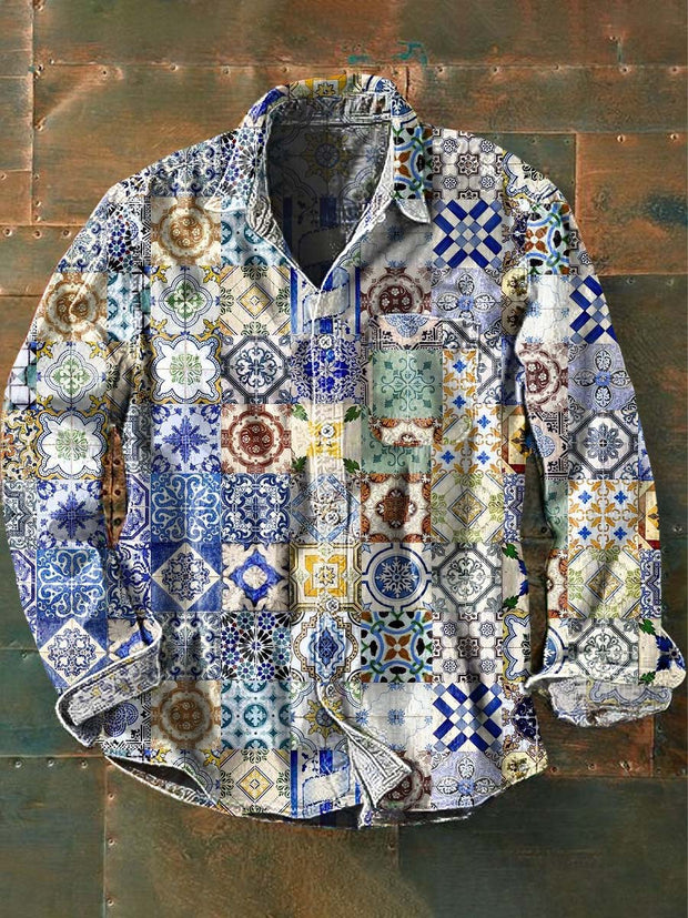 Men's Blue and White Porcelain Floral Print Casual Lapel Long Sleeve Shirt