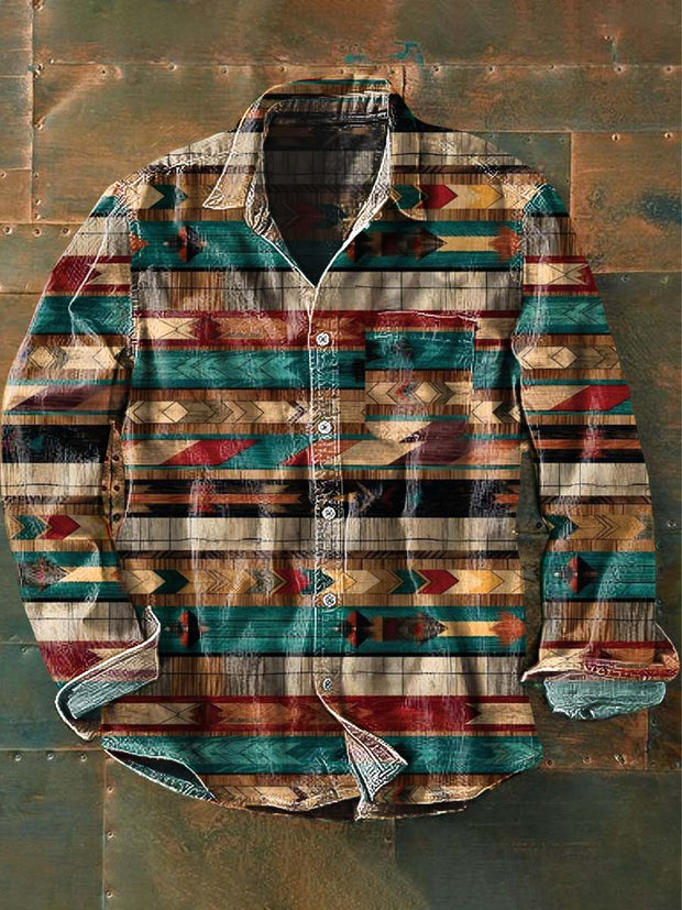 Men's Retro Western Printed Casual Lapel Long Sleeve Shirt