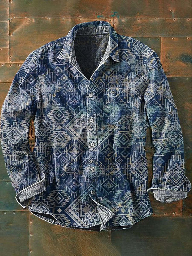 Men's Retro Western Print Casual Lapel Long Sleeve Shirt