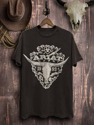 Western Style Cow Bone Print Casual Cotton T-Shirt