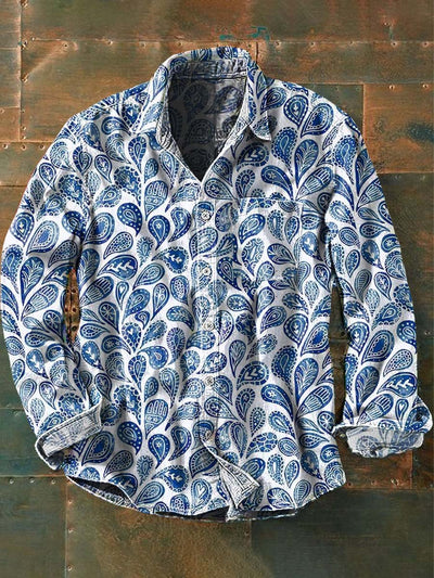 Men's Vintage Floral Print Casual Lapel Long Sleeve Shirt