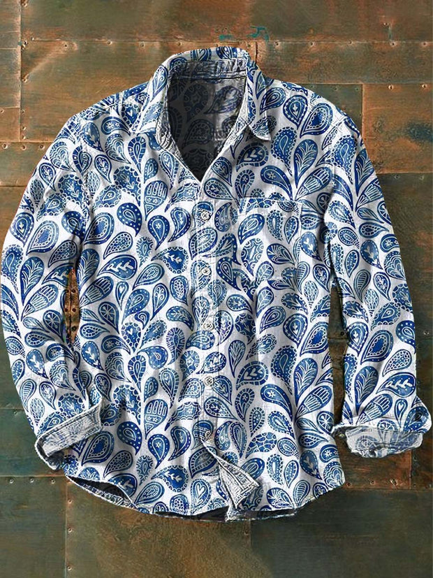 Men's Vintage Floral Print Casual Lapel Long Sleeve Shirt