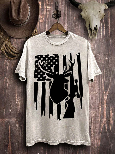 Reindeer Flag Print Casual Cotton T-Shirt