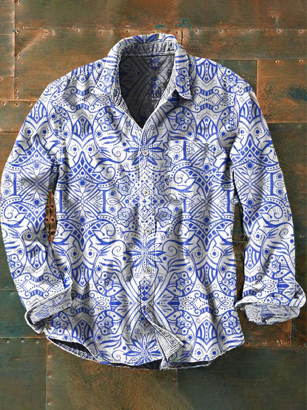 Men's Vintage Floral Print Casual Lapel Long Sleeve Shirt