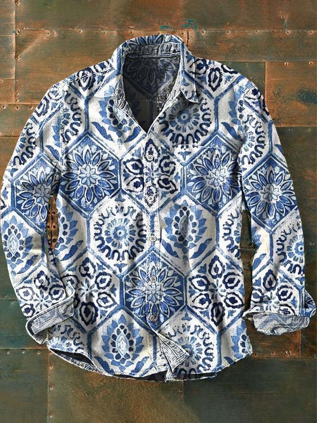 Men's Blue and White Porcelain Floral Print Casual Lapel Long Sleeve Shirt
