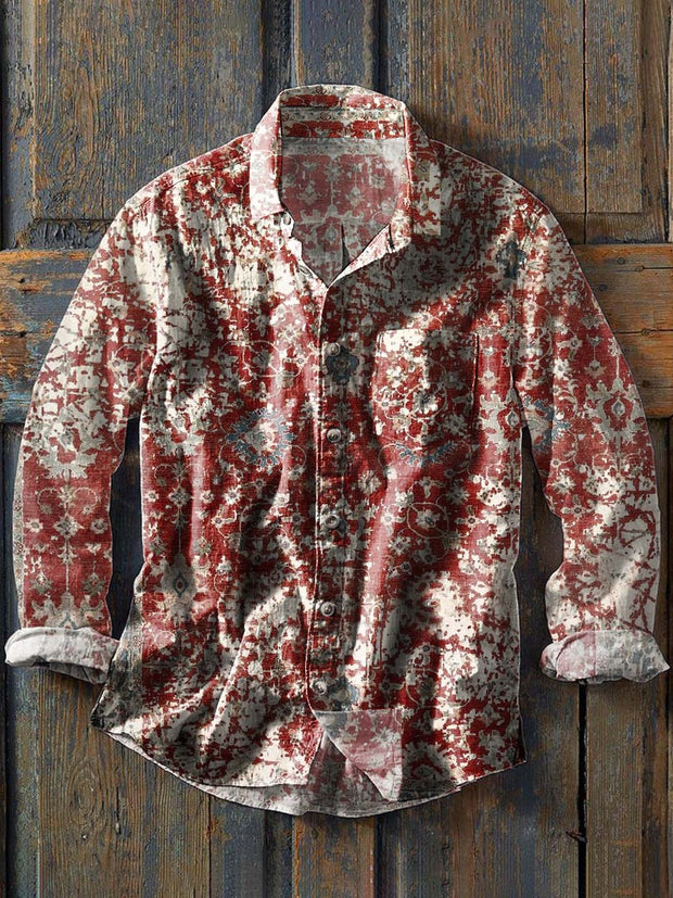 Men's Retro Western Print Casual Lapel Long Sleeve Shirt