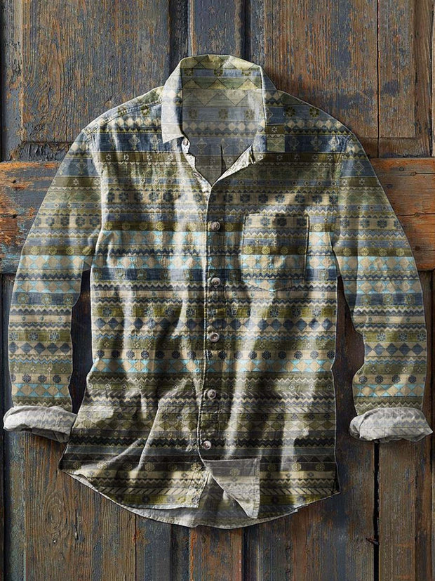 Men's Retro Western Print Casual Lapel Long Sleeve Shirt