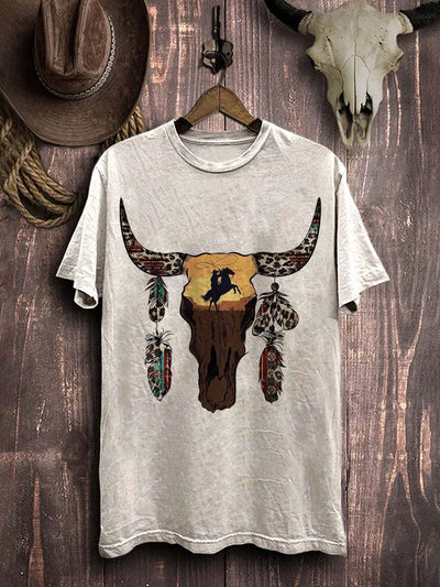 Western Cowboy Bone Print Casual Cotton T-Shirt