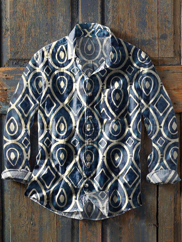 Men's Retro Graphic Print Casual Lapel Long Sleeve Shirt