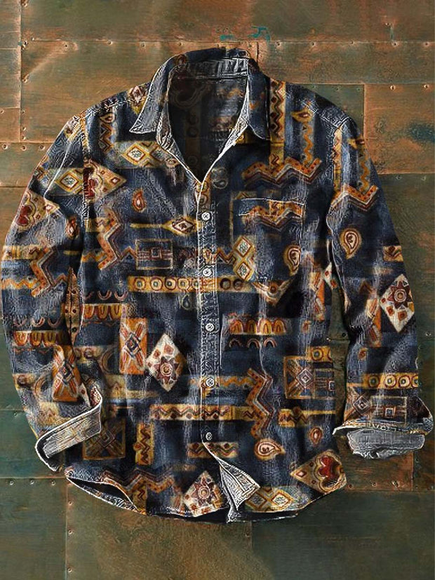 Men's Retro Western Print Casual Lapel Long Sleeve Shirt