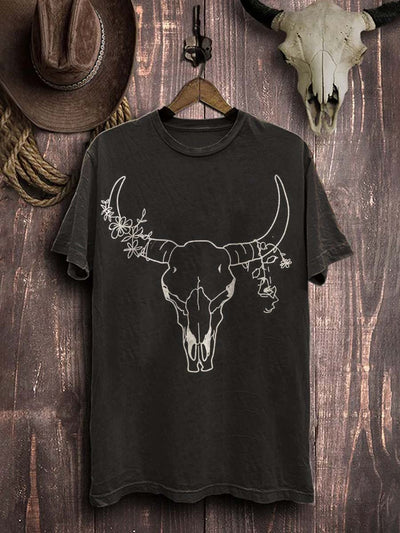 Western Style Cow Bone Print Casual Cotton T-Shirt