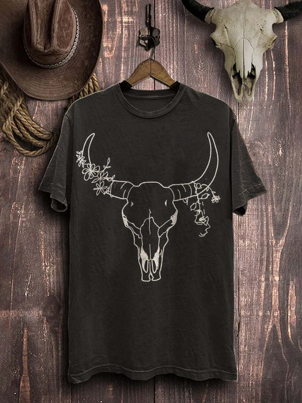 Western Style Cow Bone Print Casual Cotton T-Shirt