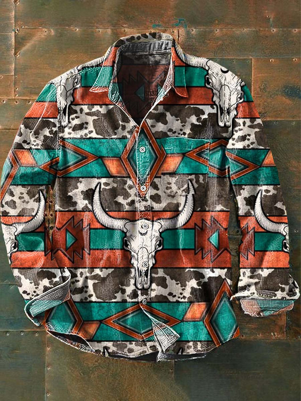 Men's Western Bone Print Casual Lapel Long Sleeve Shirt