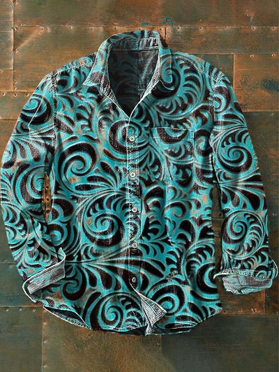 Men's Western Style Pattern Printed Casual Lapel Long Sleeve Shirt