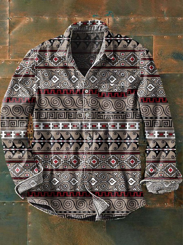 Men's Vintage Western Pattern Print Casual Lapel Long Sleeve Shirt