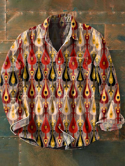 Men's Vintage Western Pattern Print Casual Lapel Long Sleeve Shirt