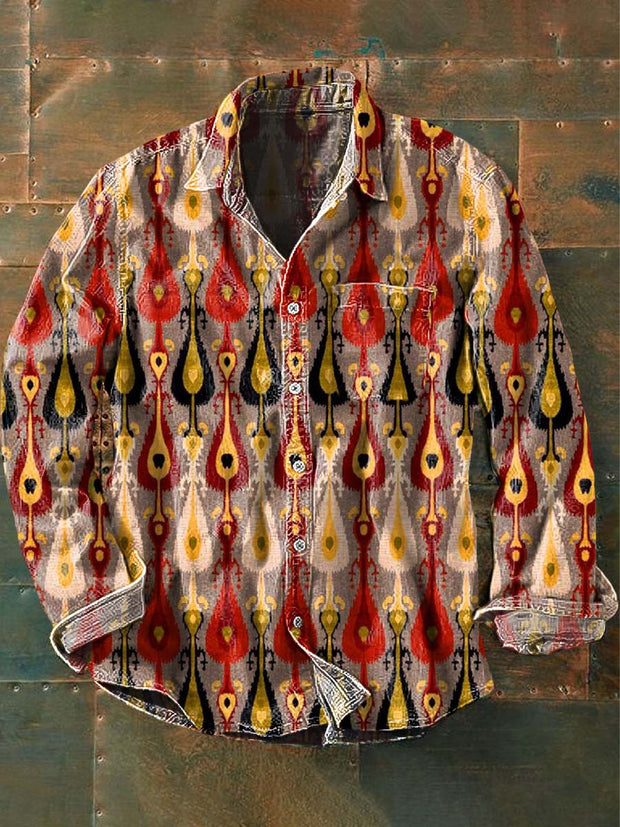 Men's Vintage Western Pattern Print Casual Lapel Long Sleeve Shirt