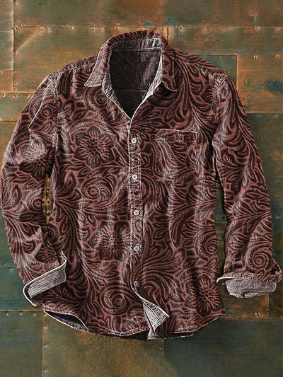 Men's Western Style Pattern Printed Casual Lapel Long Sleeve Shirt