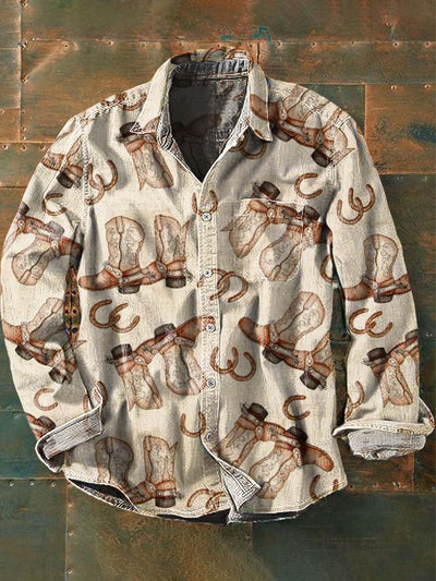 Men's Vintage Western Pattern Print Casual Lapel Long Sleeve Shirt