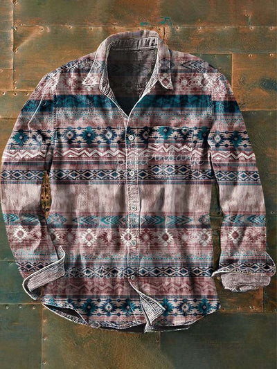 Men's Vintage Western Pattern Print Casual Lapel Long Sleeve Shirt