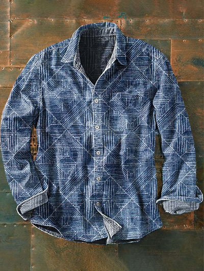 Men's Retro Abstract Line Print Casual Lapel Long Sleeve Shirt