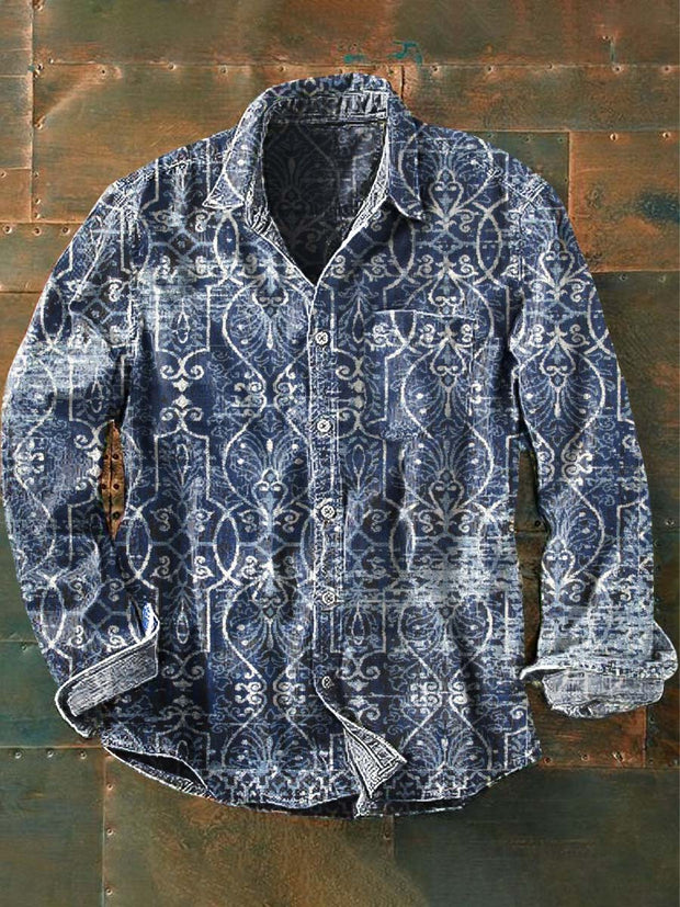 Men's Retro Floral Print Casual Lapel Long Sleeve Shirt