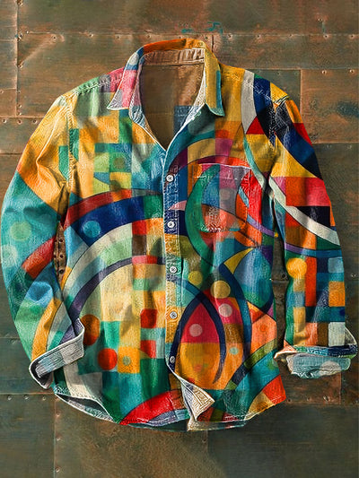 Men's Vintage Rainbow Color Geometric Long Sleeve Pocket Shirt