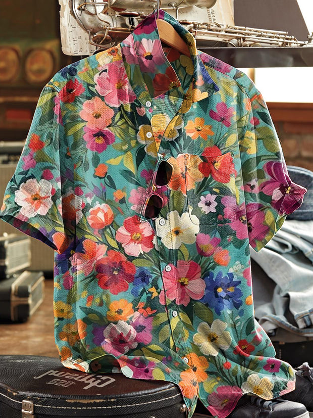 Men's Vintage Floral Art Print Lapel Short Sleeve Pocket Shirt