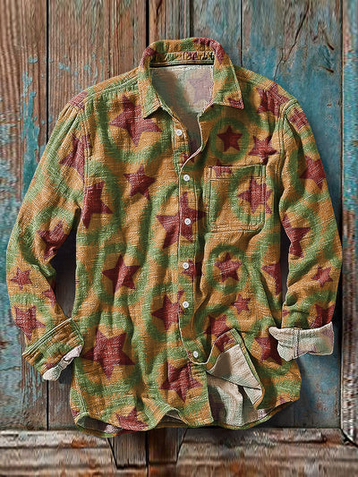 Men's Vintage Irregular Star Pattern Long Sleeve Pocket Shirt