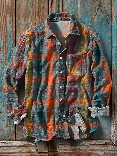 Men's Vintage Multicolor Plaid Pattern Long Sleeve Pocket Shirt