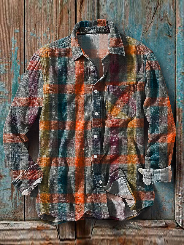 Men's Vintage Multicolor Plaid Pattern Long Sleeve Pocket Shirt