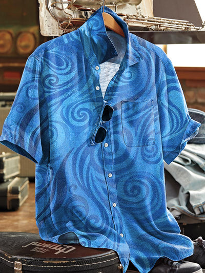 Men's Vintage Line Spiral Pattern Lapel Short Sleeve Pocket Shirt
